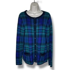 Lands End Tartan Plaid Supima Cotton Cardigan Sweater Blue Green Women Medium